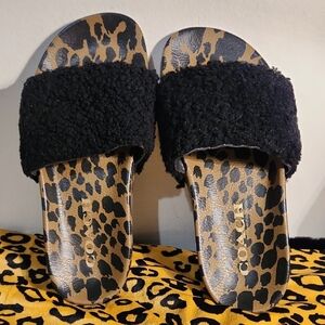 Coach Black Fuzzy Sandals with Leopard Insole